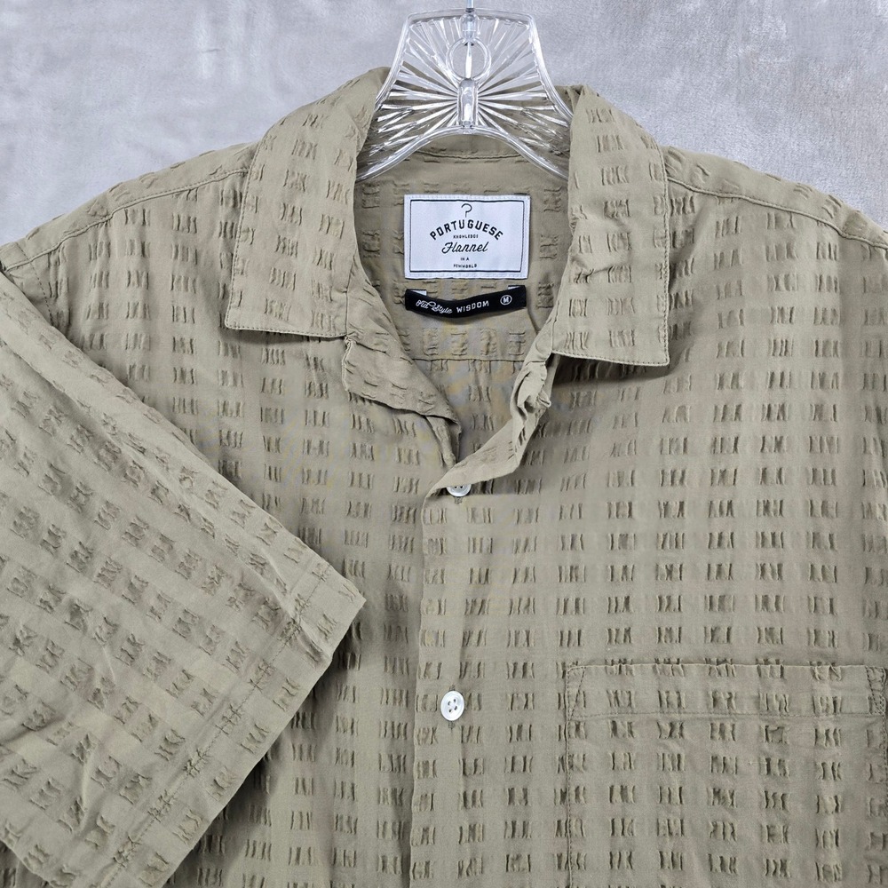 Portuguese Flannel Button Up Mens Medium Green Textured Seersucker Shirt